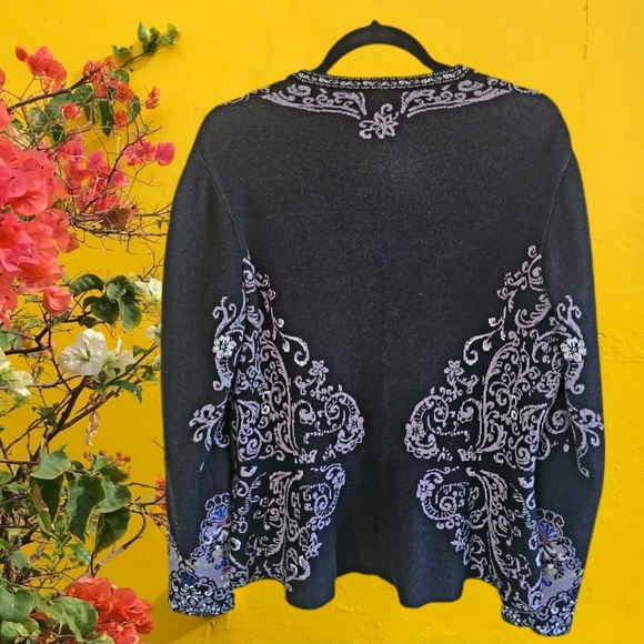 Lovely IVKO Black Floral Fitted Peplum Cardigan Size 10 EUR 40 Cotton - Picture 2 of 5